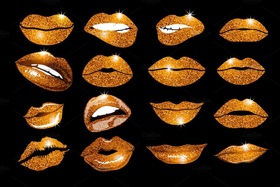 Set Of 16 Glamour Orange Lips with dark background.