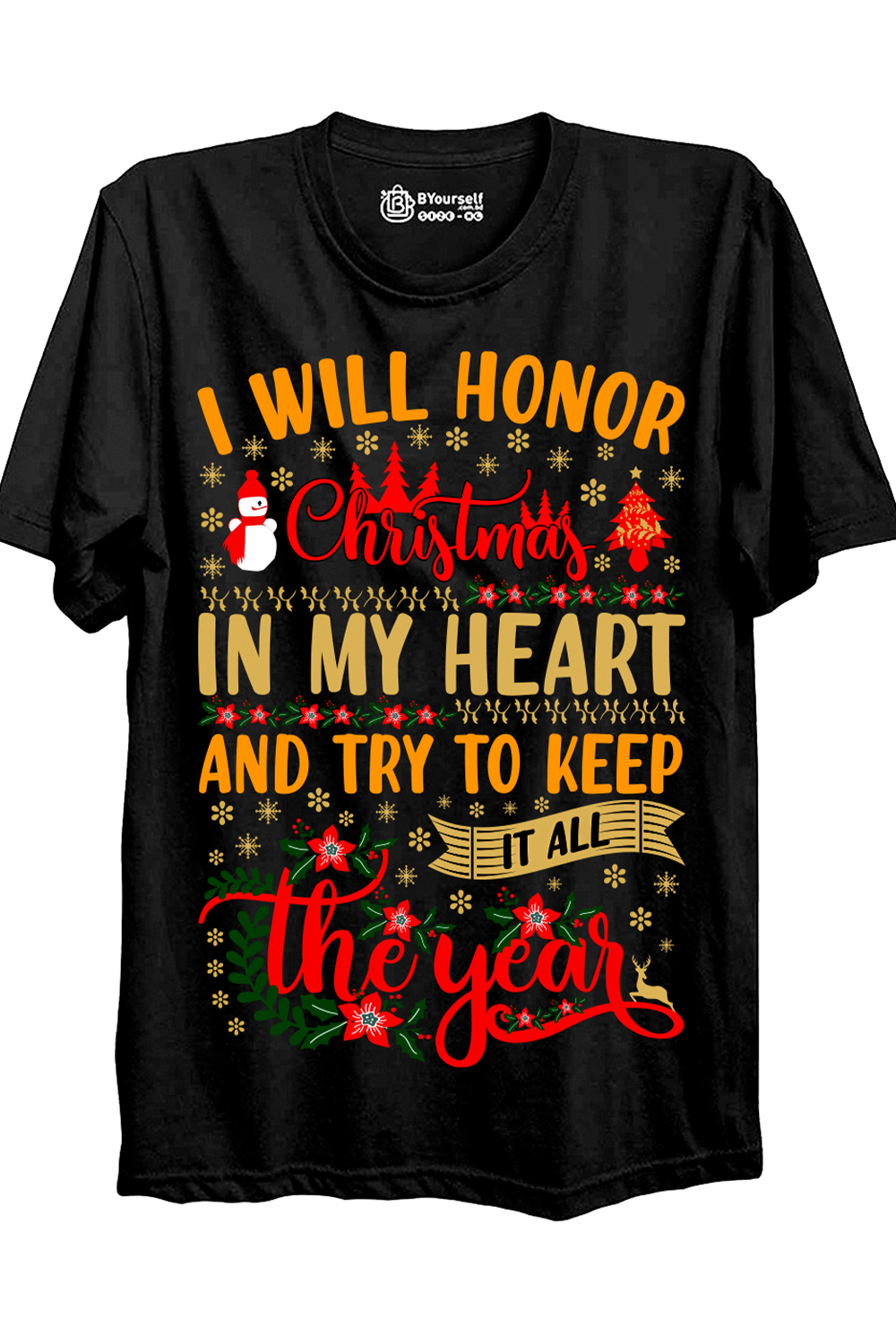 Image of a black T-shirt with an enchanting print on the theme of Christmas