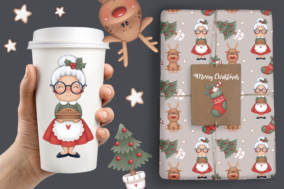 White cup with illustration of a grandma with a pie and box in wrapping paper with christmas patterns.