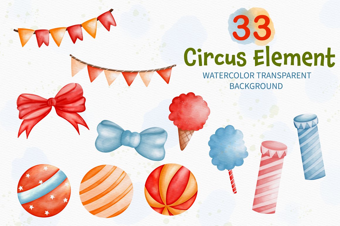 11 different watercolor illustrations of circus elements.