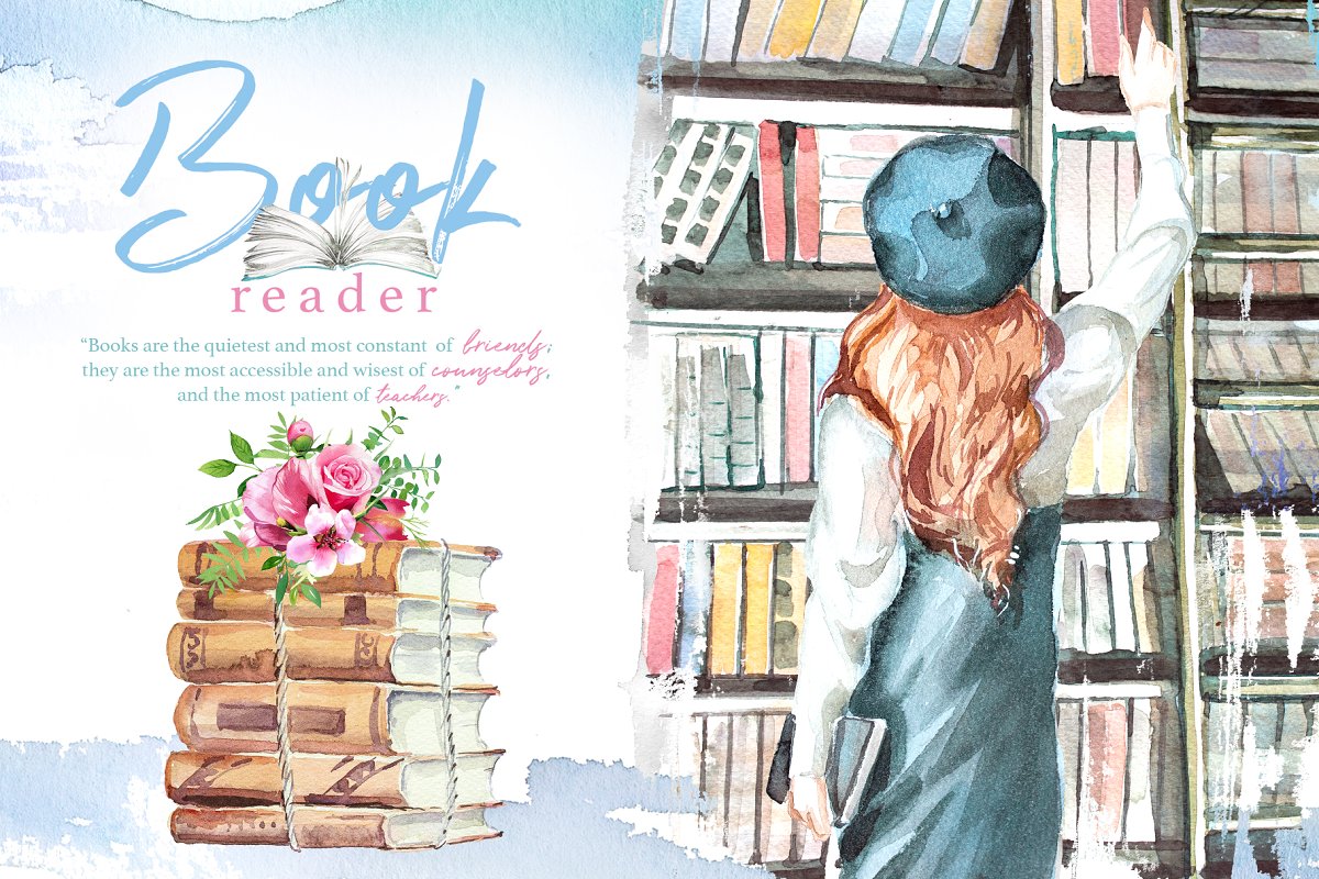 Cover image of Watercolor Book Reader Clipart Set.