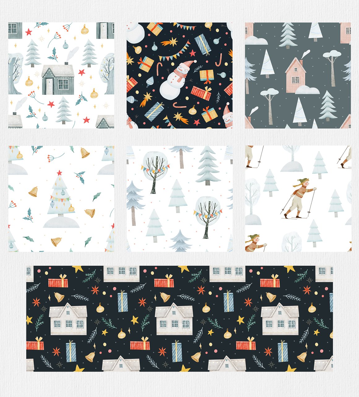 A set of 7 different christmas seamless patterns.