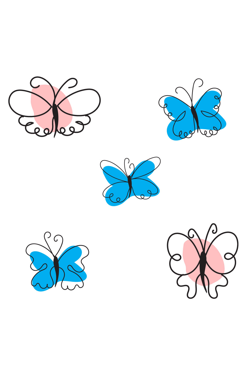 Group of four blue and pink butterflies.