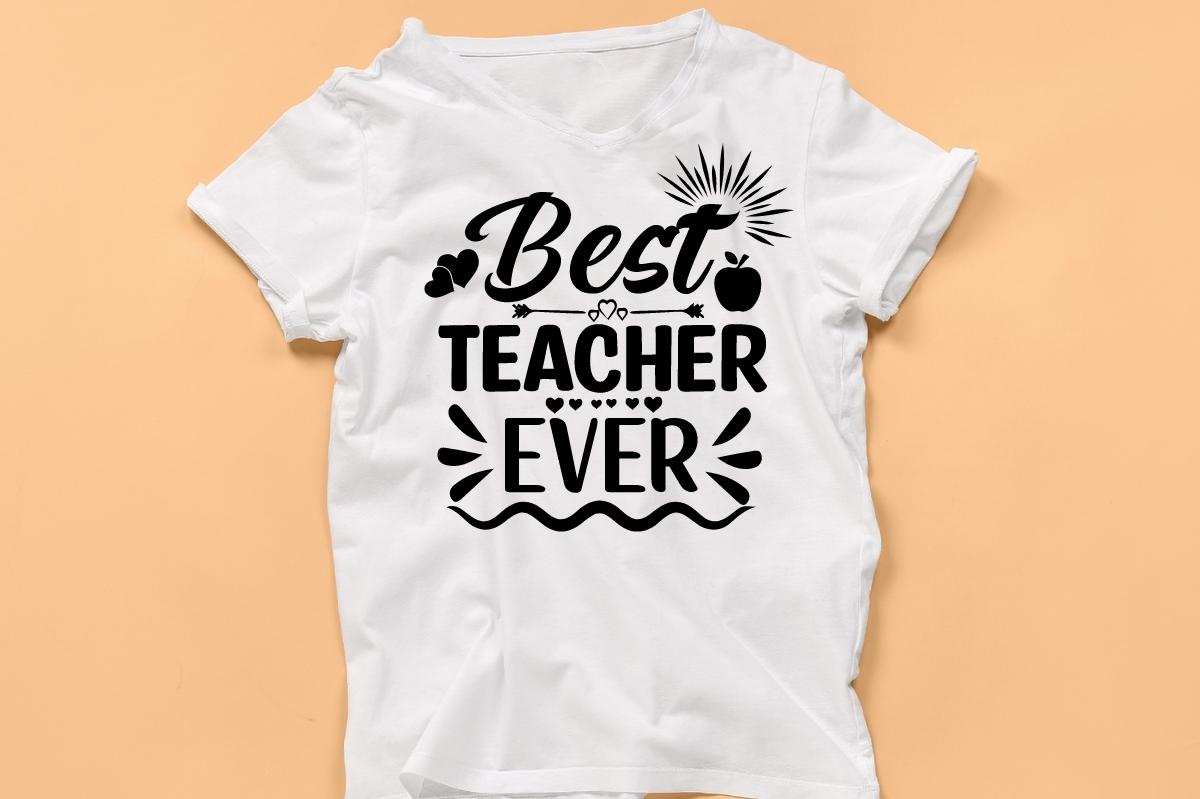 Peach background with white t-shirt and teacher lettering.