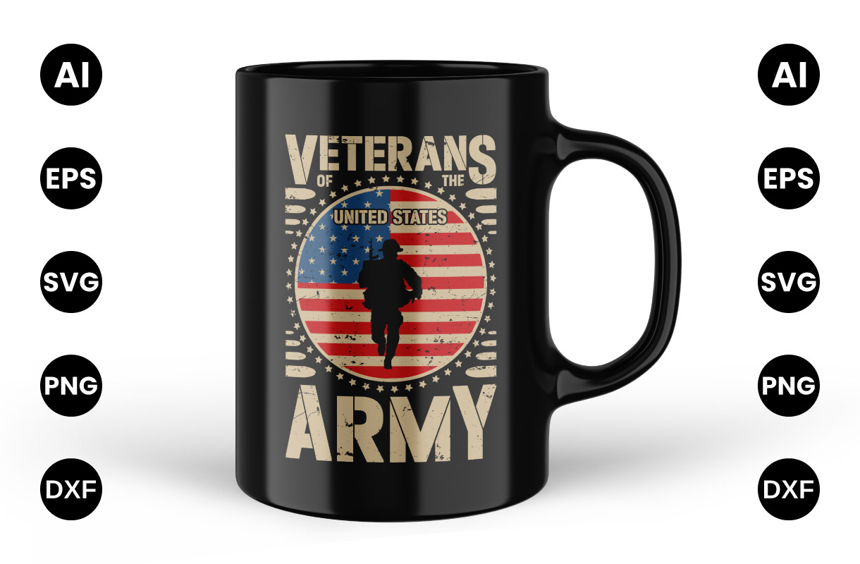 Army graphic with an USA flag on a black cup.