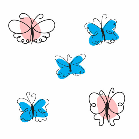 Group of four blue and pink butterflies.