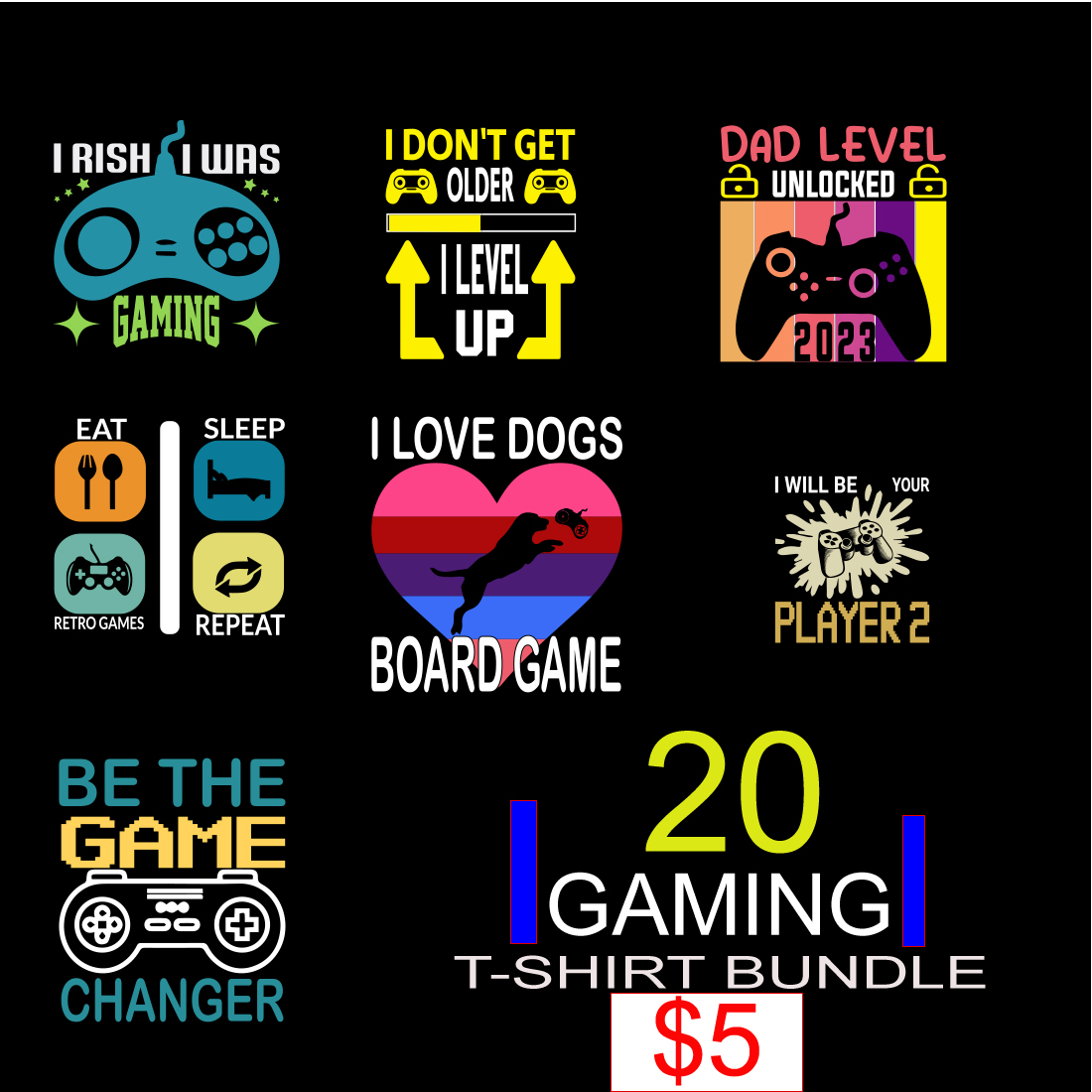 Gaming T-shirt Design Bundle cover image.