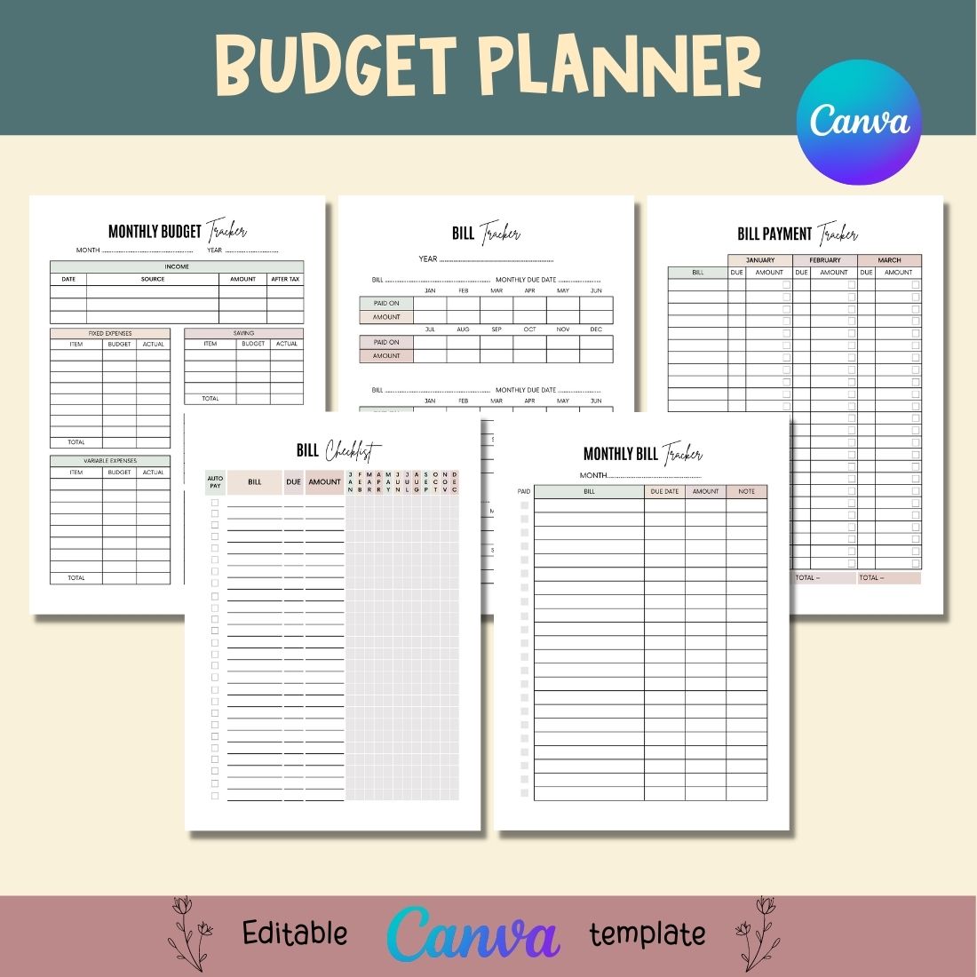 Budget Planner Canva Templates preview image.