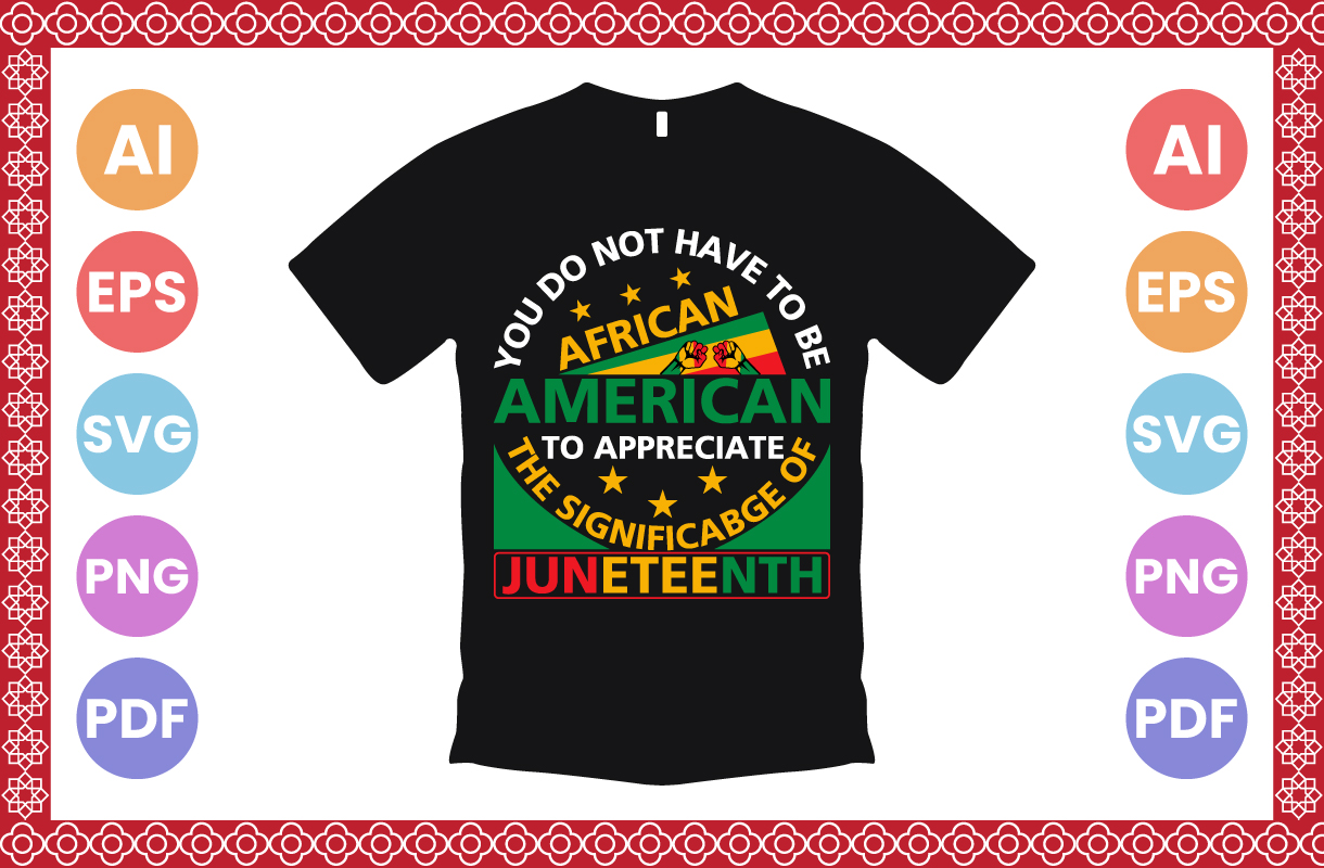 Image of a T-shirt with a colorful print on the theme of Juneteenth.