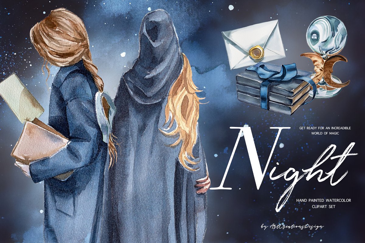 Cover image of Watercolor Night Clipart Set.
