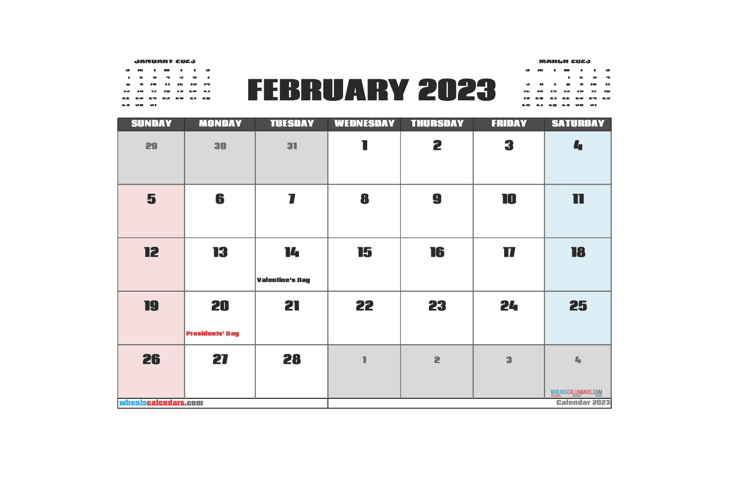 February calendar with holidays and different colors of dates.