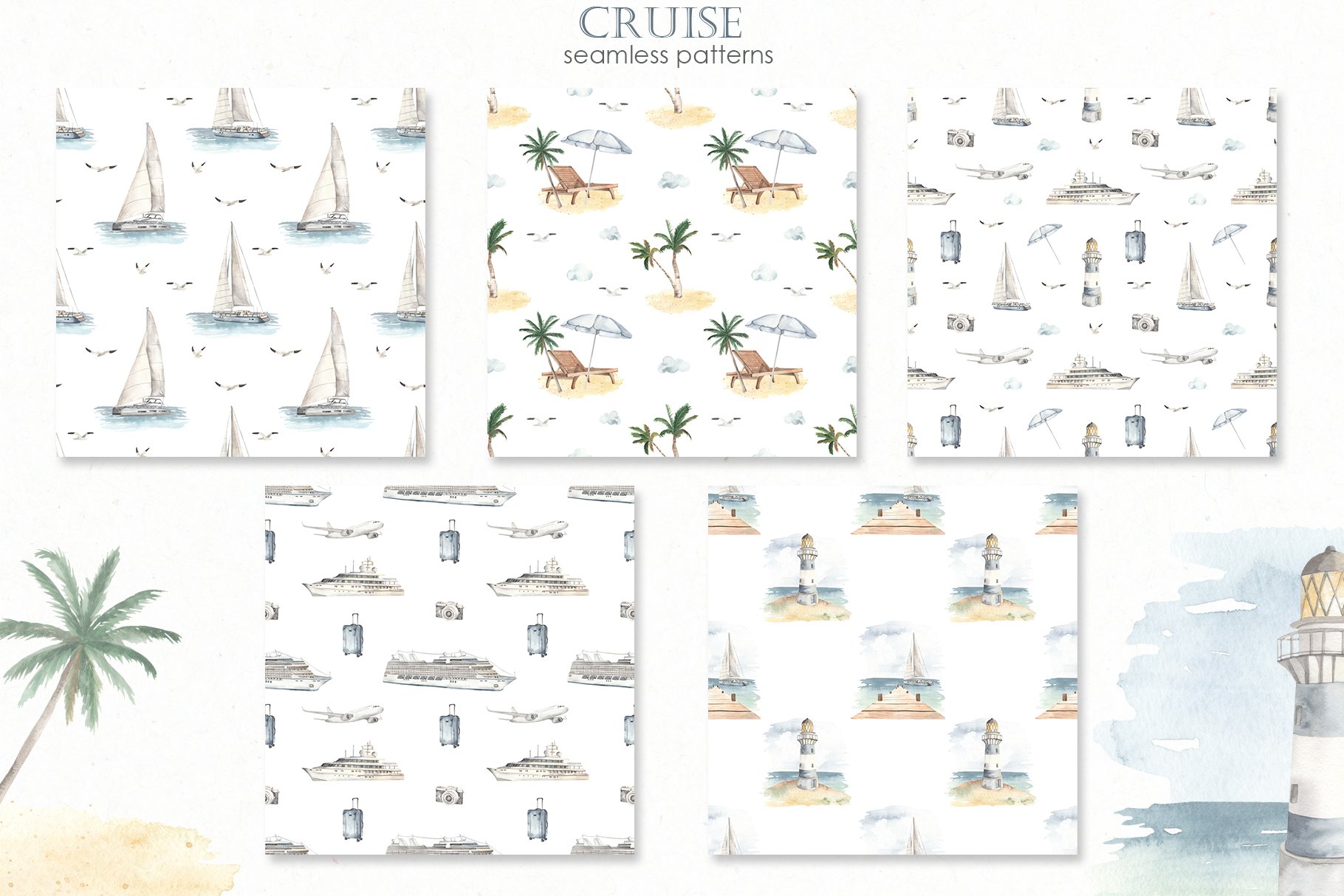 Cruise Watercolor Collection with cruise seamless patterns.