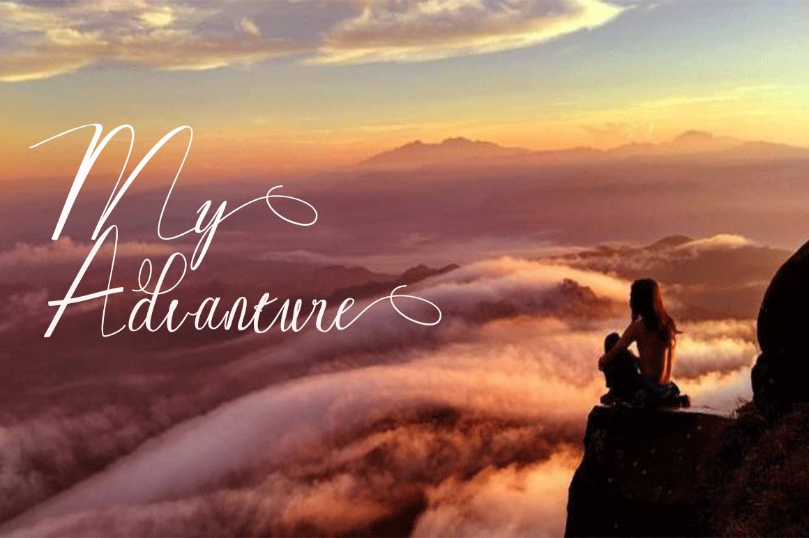 White calligraphy lettering "My advanture" on the background of landscape.