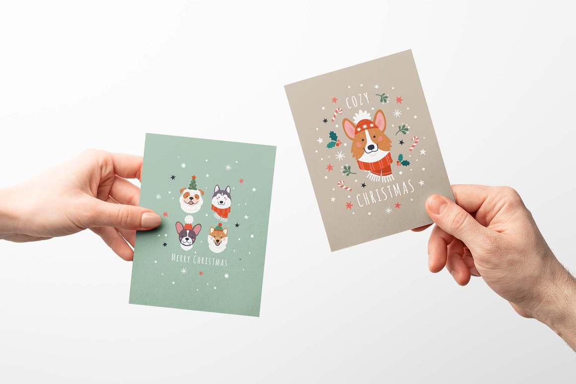 2 christmas greeting cards in pastel colors.