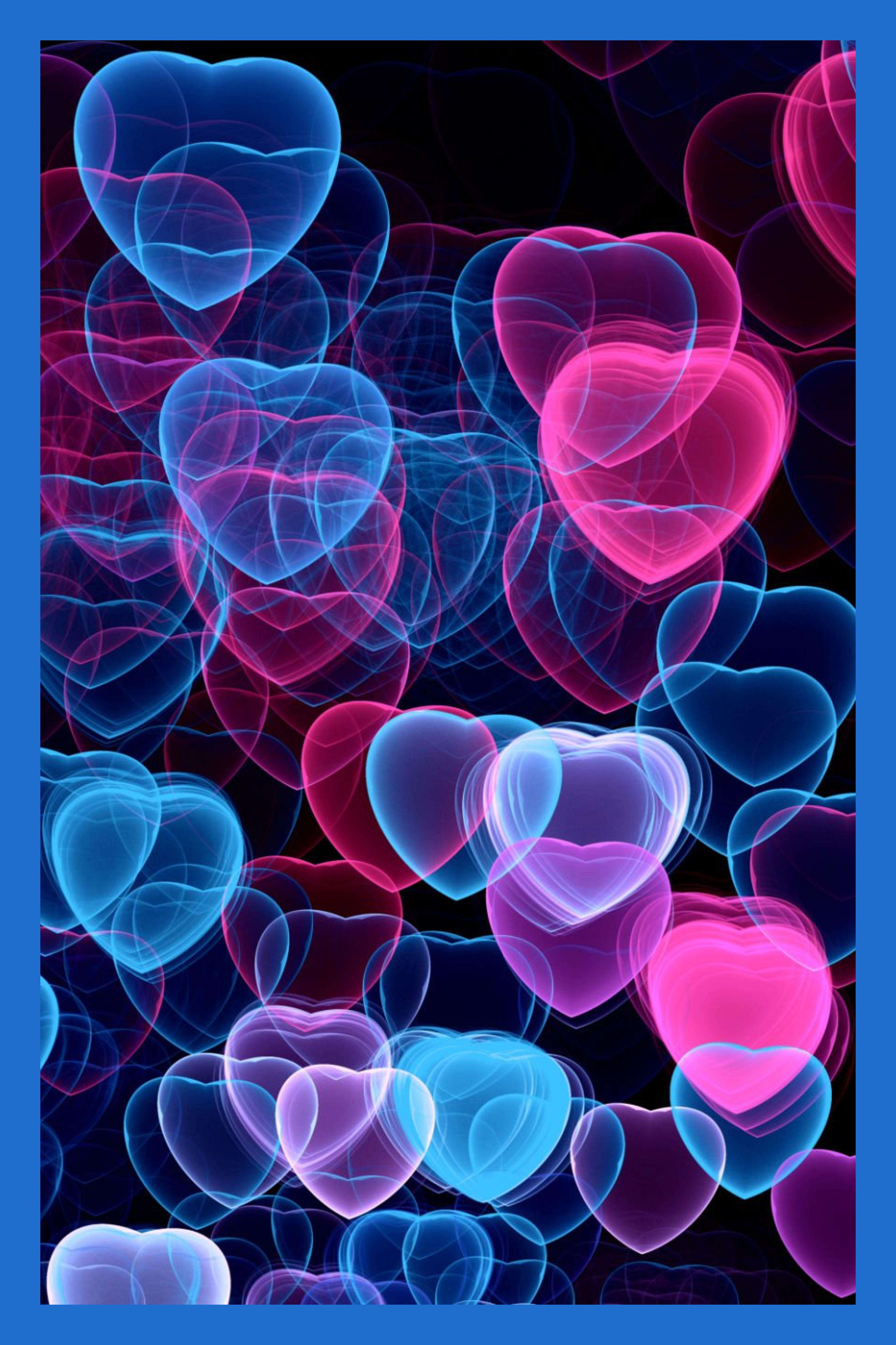 Neon hearts in red, violet, and blue colors.