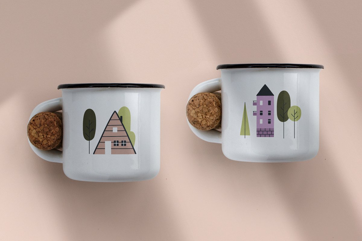 Cup mockup with abstract scandinavian houses print.