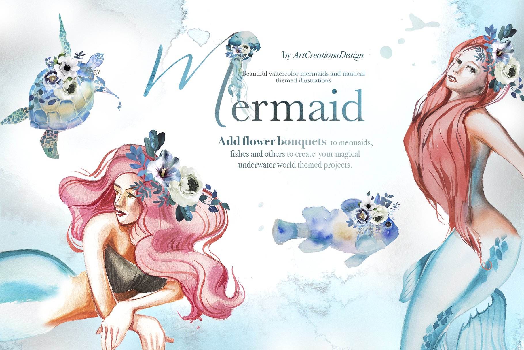 Cover image of Watercolor Mermaid Clipart Set.