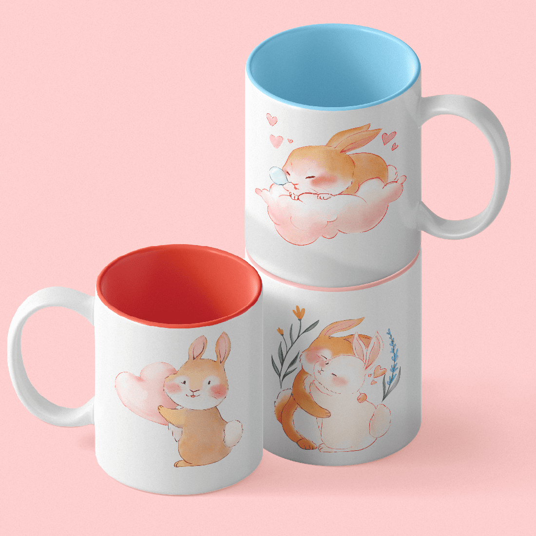 Valentine’s Day Watercolour Cute Bunny cup mockup.