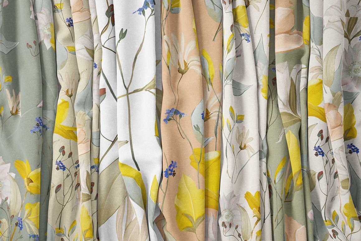 Collection of different fabric textiles with meadow flowers patterns.