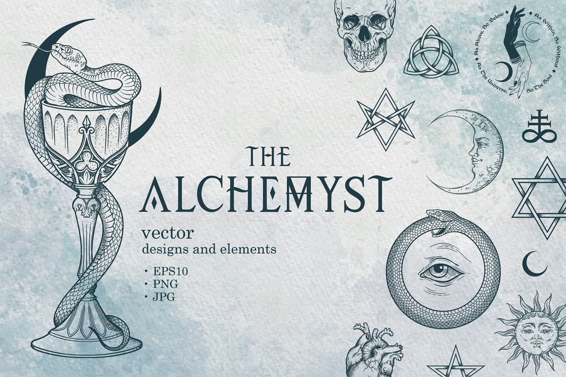 Cover with lettering "The Alchemyst" and different illustrations.