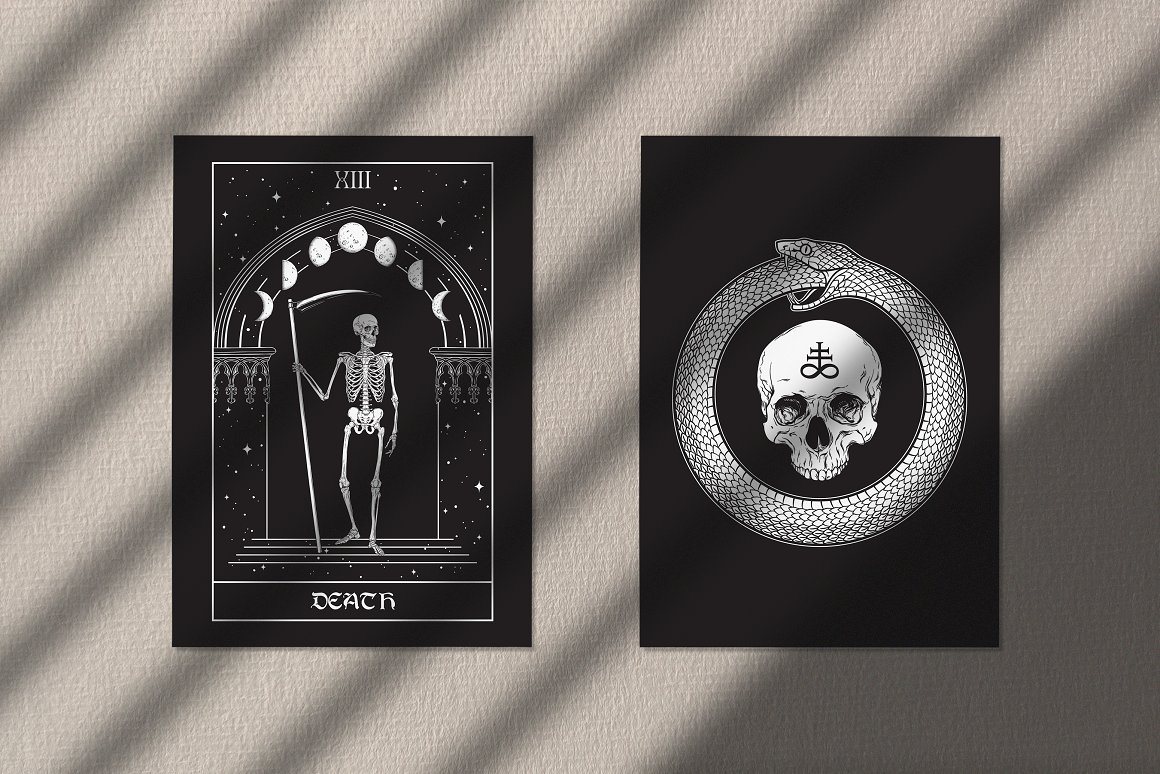 2 vertical black alchemist cards with white illustrations.