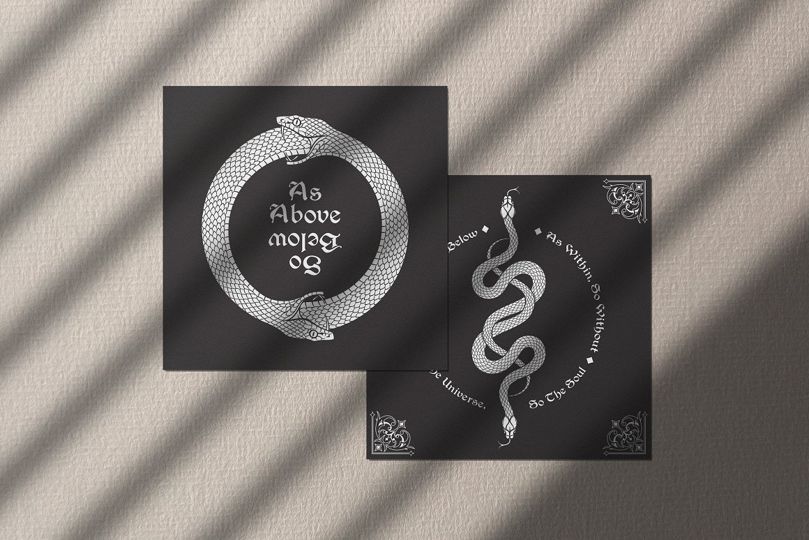 Alchemist set of 2 round cards with white letetring and illustrations.