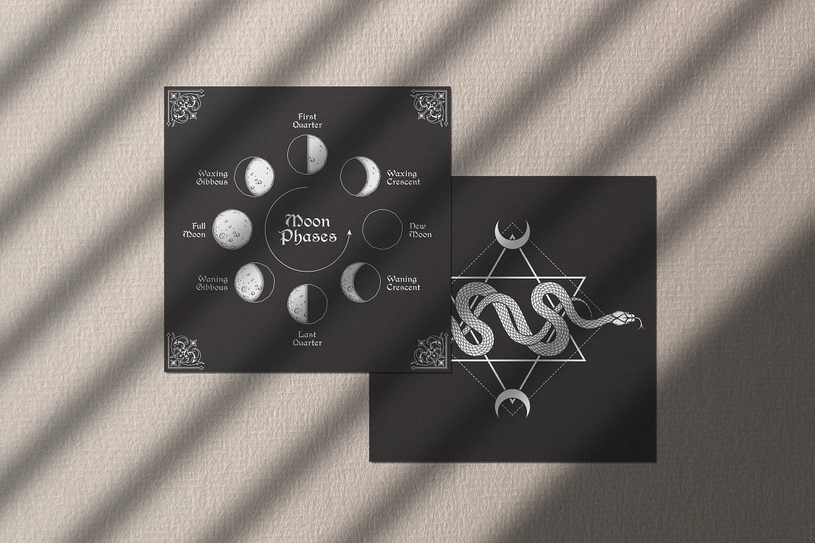 Black cards with white alchemist illustrations.