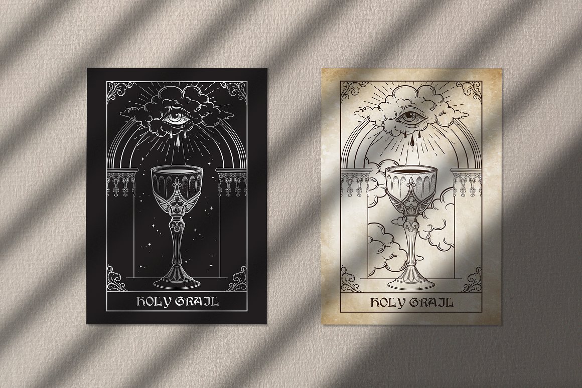 Black and white, and beige and black alchemist cards.