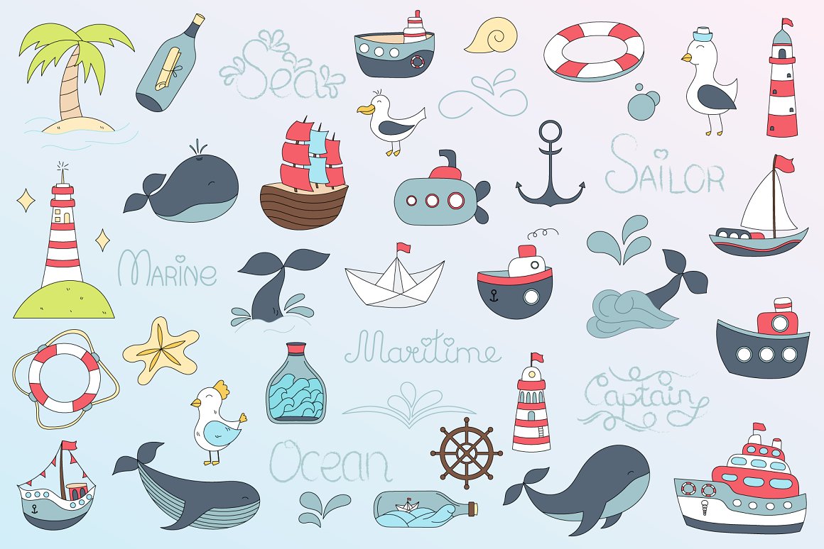 Clipart of different 35 sea elements and 6 blue lettering.