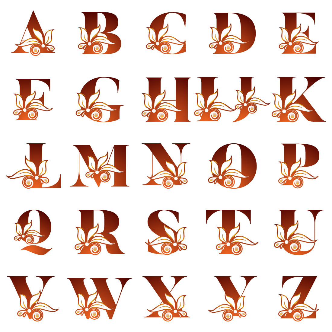 Charming image of the letters of the alphabet in a floral design