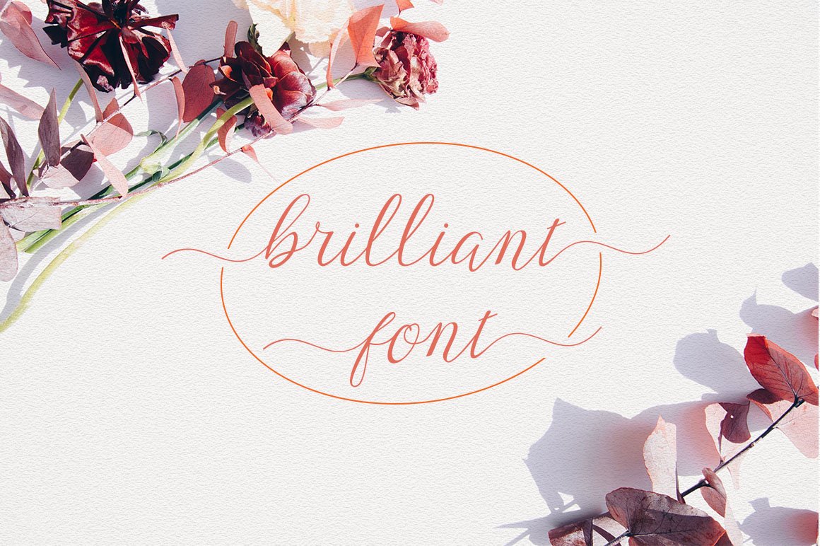 Pink calligraphy lettering "Brilliant font" on a gray background with flowers.