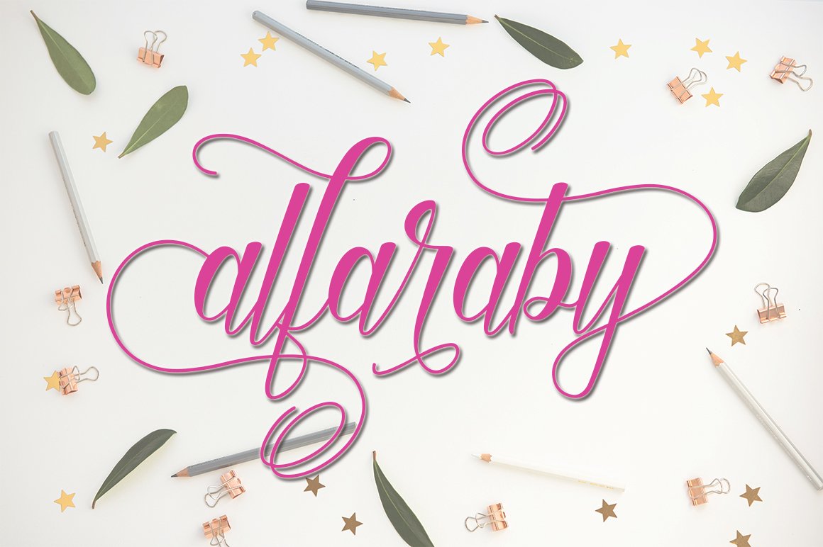 Pink lettering "alfaraby" in calligraphy font.