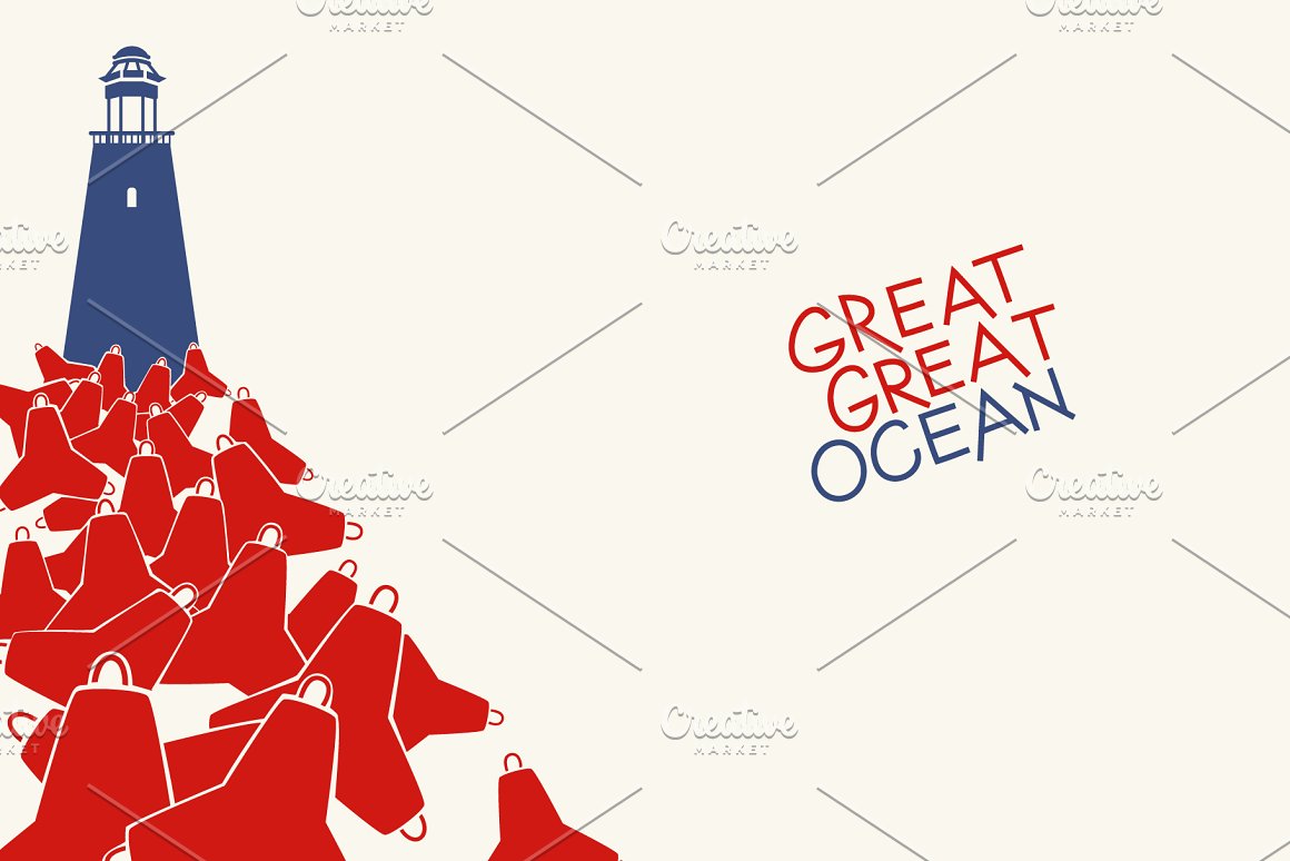Blue and red nautical illustration and lettering "Great Great Ocean".