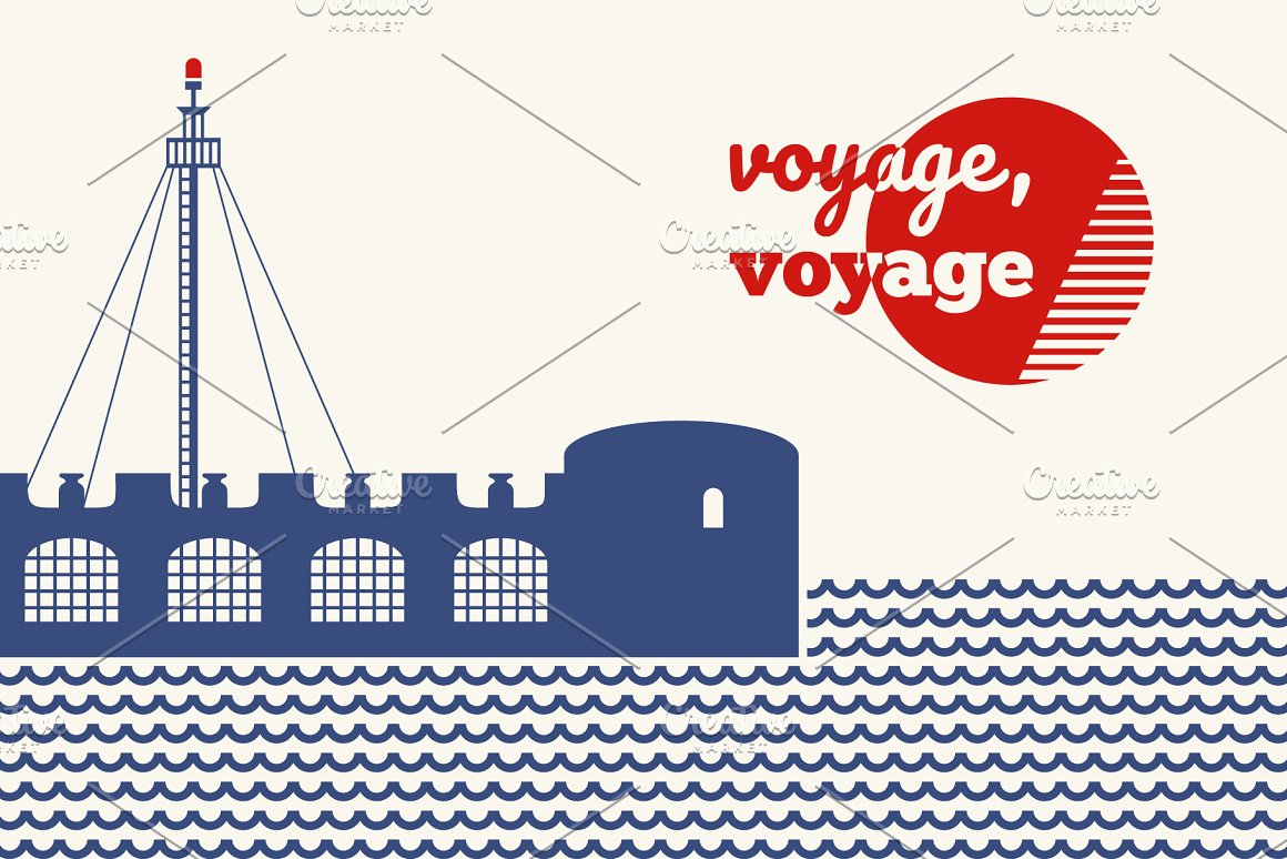 Red lettering "Voyage, Voyage" and blue nautical illustration.
