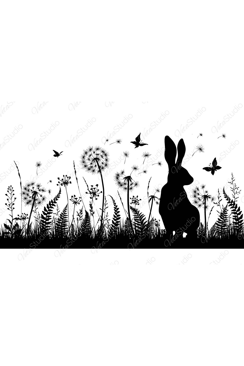 Floral Background With Rabbit And Dandelions pinterest image.