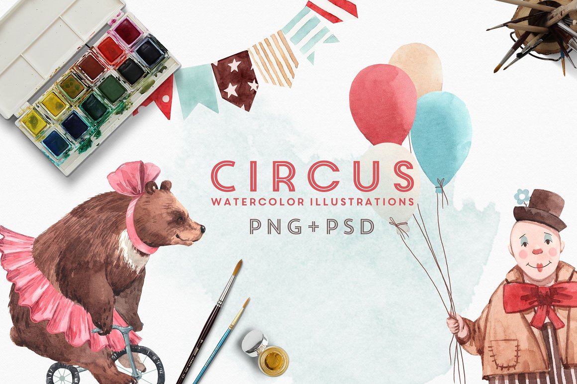 Cover with red lettering "Circus Watercolor Illustrations" and different circus illustrations.