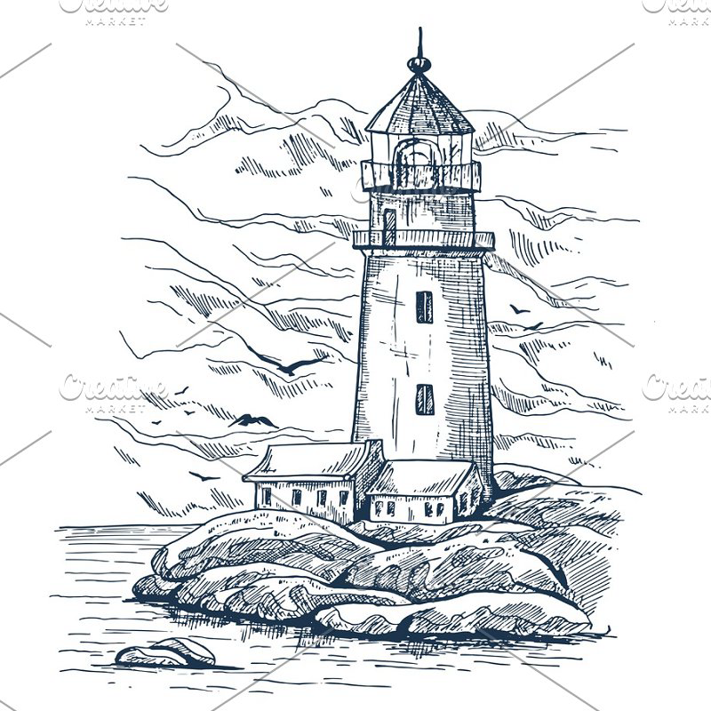 Beacon or harbor lighthouse sketch on island main image preview.