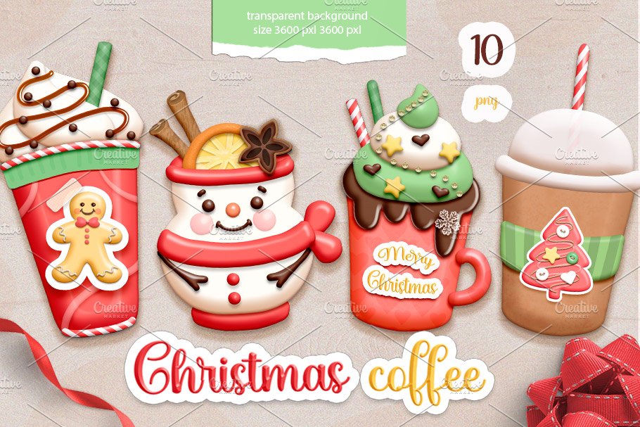 Red and yellow lettering "Christmas Coffee" and 4 different illustrations.