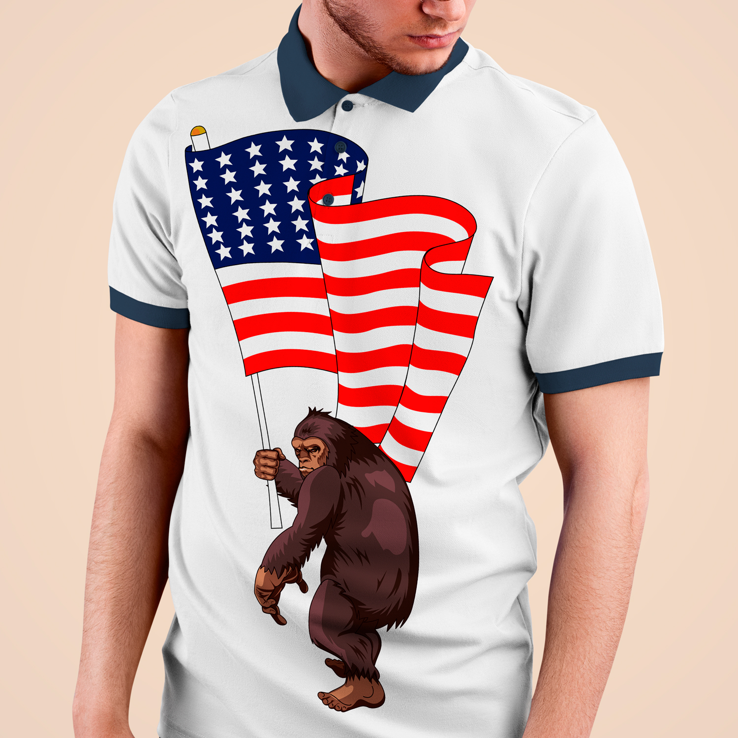 Man wearing a polo shirt with a picture of a gorilla holding an american flag.