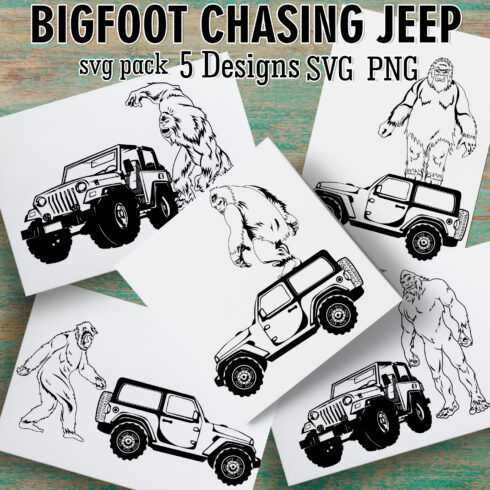 Group of four coloring pictures of jeeps and bears.