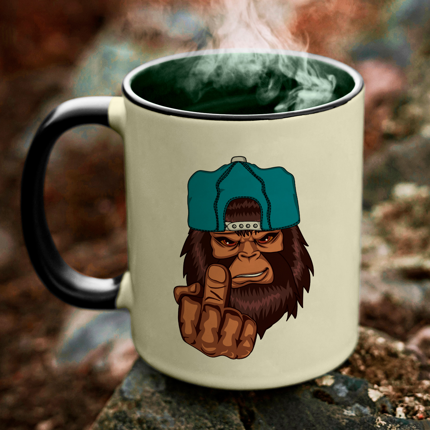 Coffee mug with a monkey wearing a hat on it.