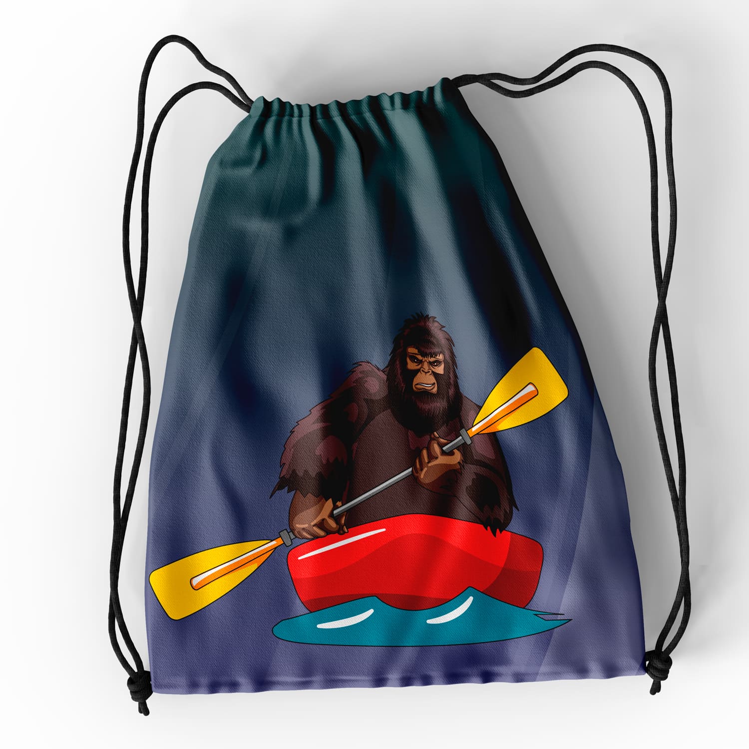 Drawstring bag with a picture of a gorilla on a kayak.
