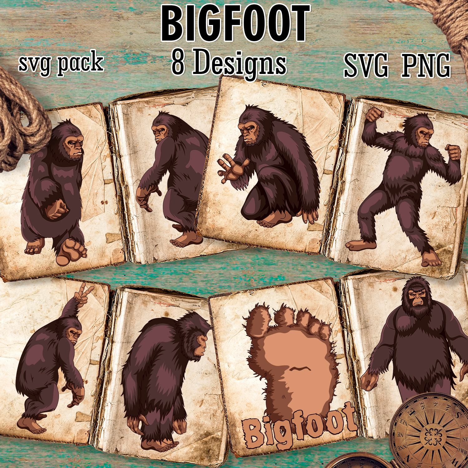 Bunch of cards with a bigfoot on them.