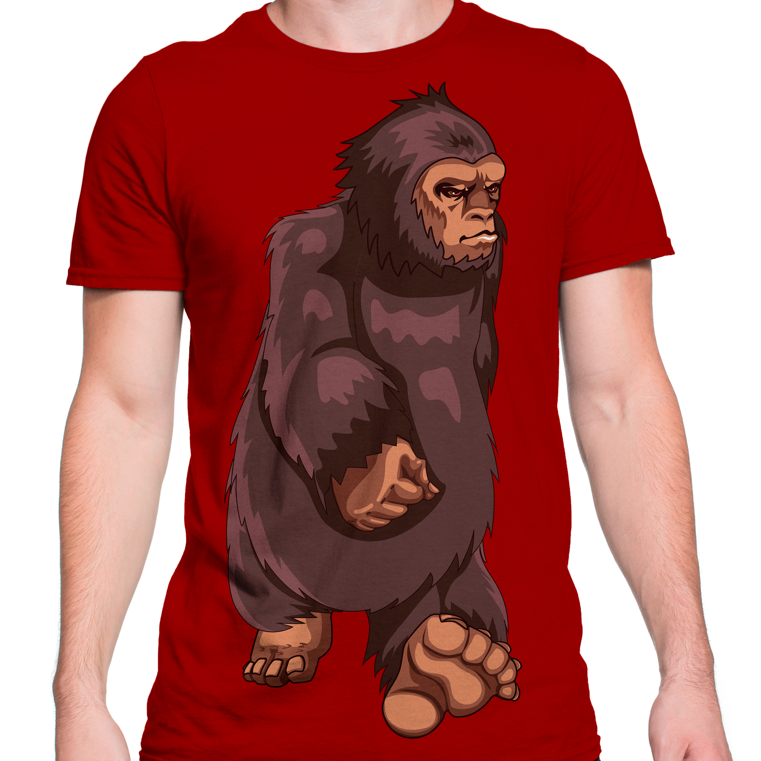 Man wearing a red shirt with a gorilla on it.