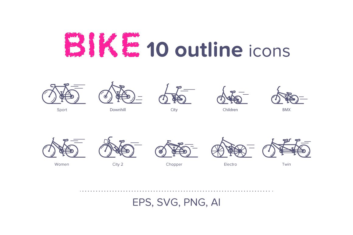 A set of 10 different outline bike icons on a white background.