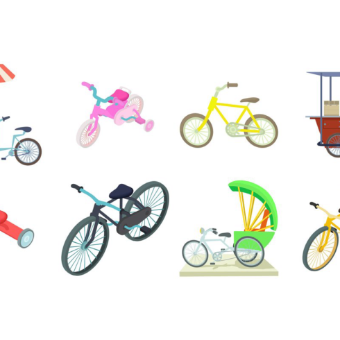 Bike icon set cartoon style main image preview.