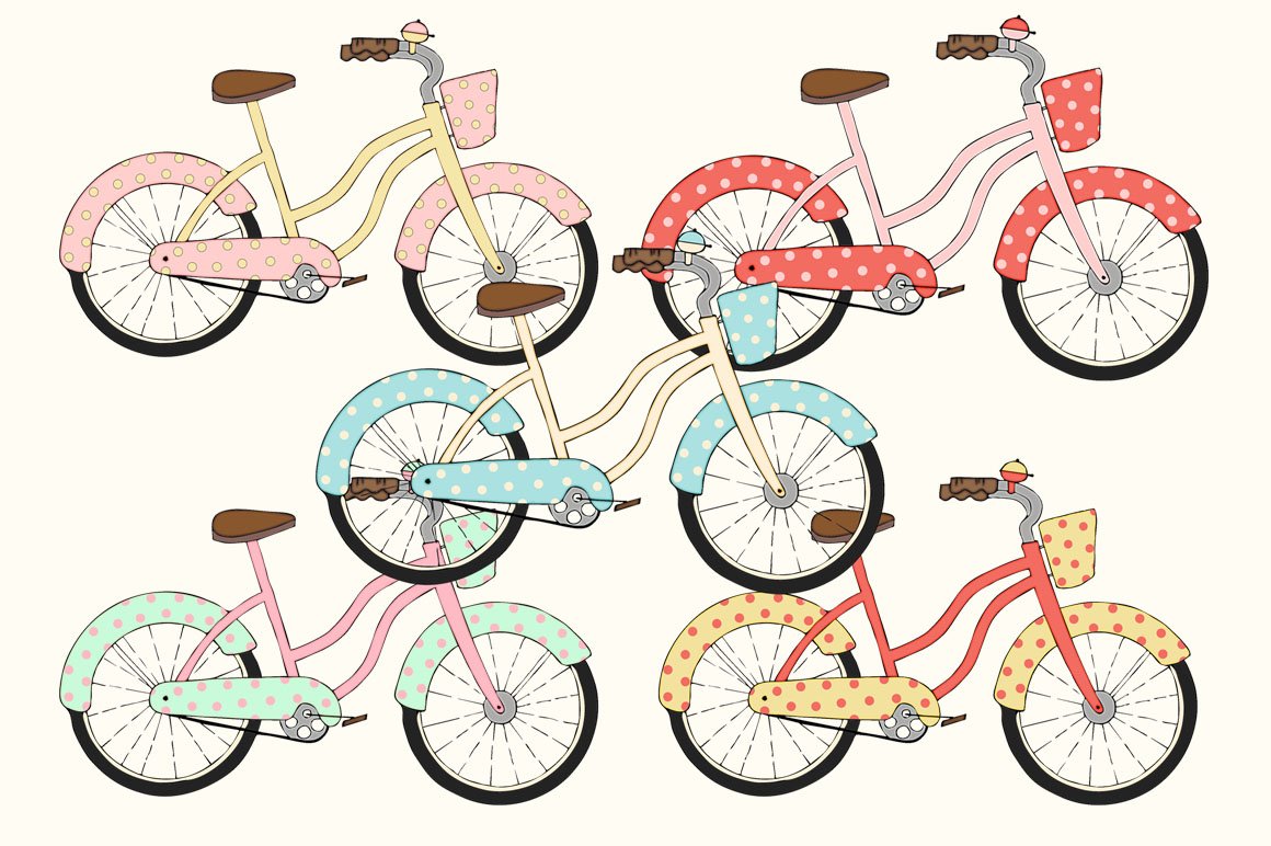 A set of 5 colorful bicycle illustrations on a gray background.