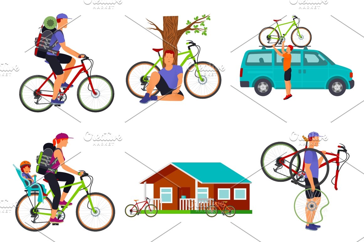 Some colorful ready compositions with bicycle or car.