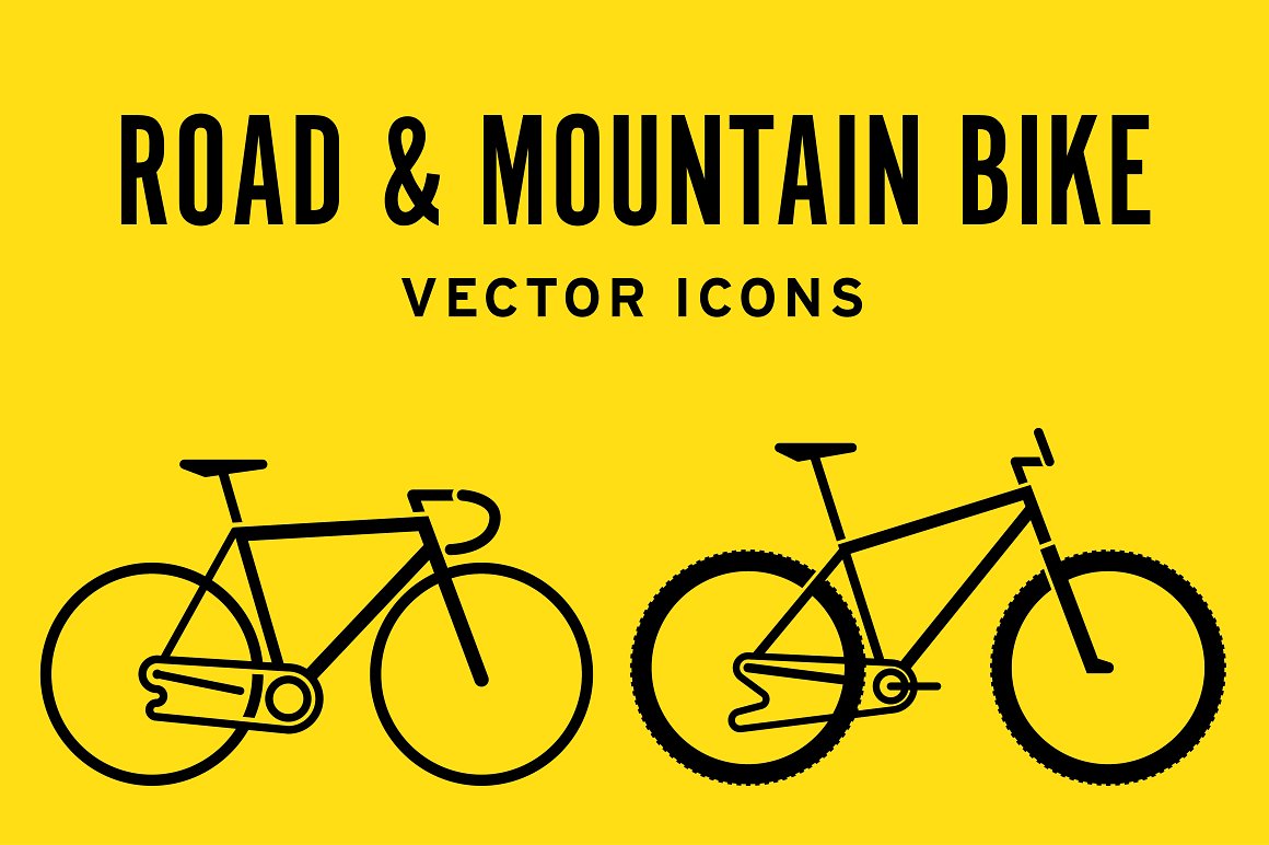 Cover with black lettering "Road & Mountain Bike Vector Icons" and 2 black illustrations on an orange background.