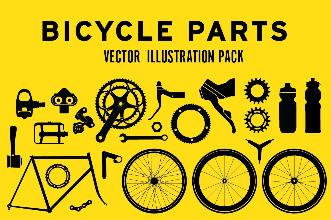 Cover with black lettering "Bicycle Parts" and different illustrations on an orange background.